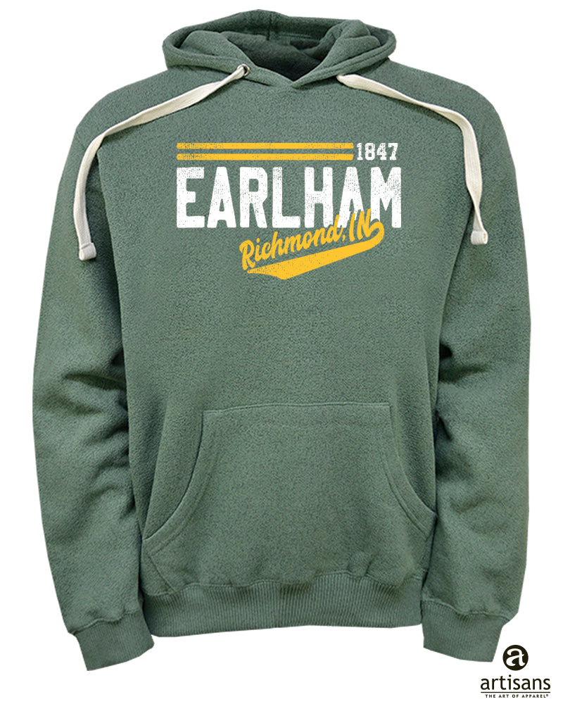 Sage Brooklyn Hoodie with white drawstrings. "EARLHAM 1847 Richmond, IN" is printed on the front in white and yellow with a yellow swoosh. Features a kangaroo pocket and logo artisans detail at the bottom right.