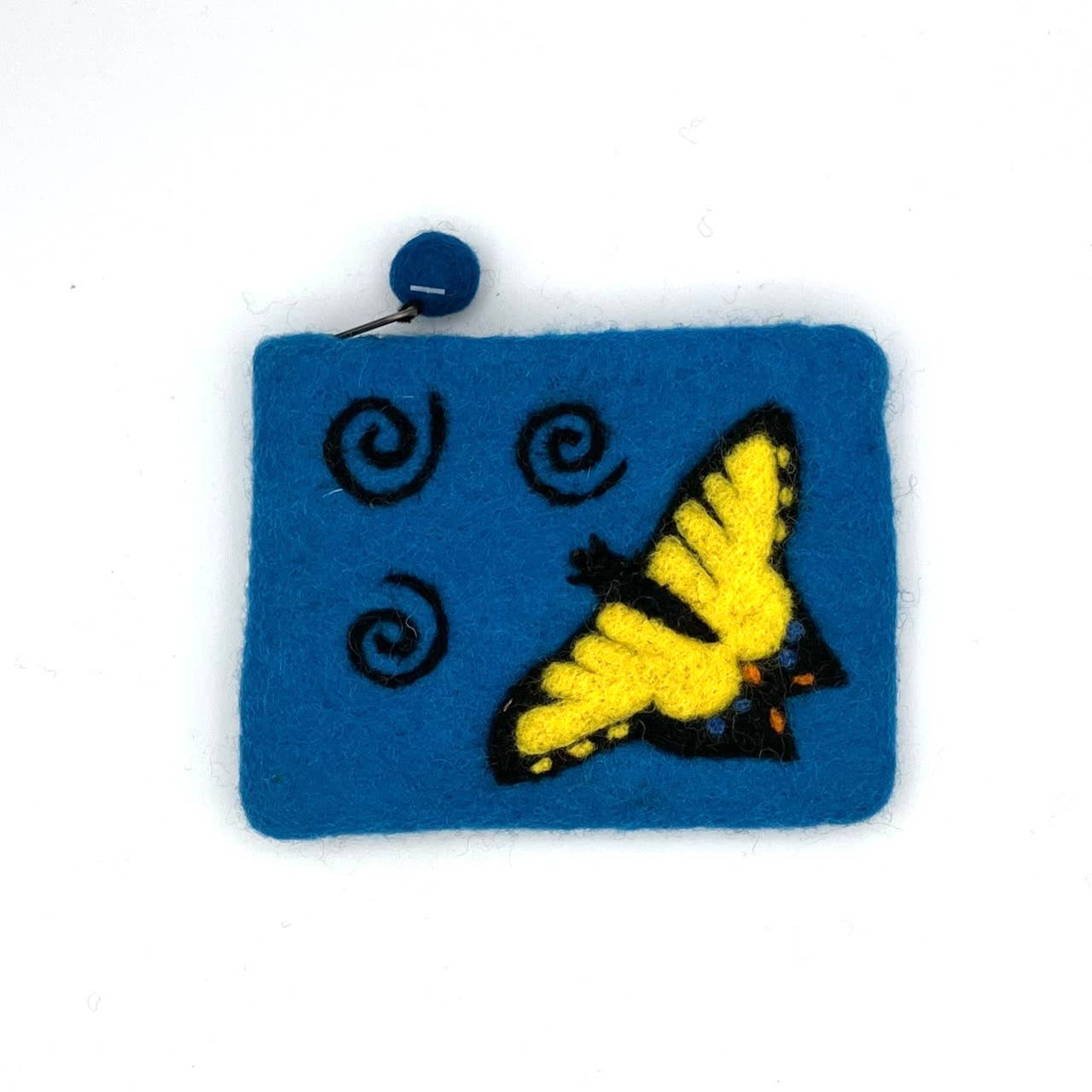 The Women of the Cloud Forest - Tiger Swallowtail Felt Coin Purse is a small blue fair trade accessory featuring a yellow and black butterfly design and three black swirl patterns, complete with a blue button closure at the top left corner.