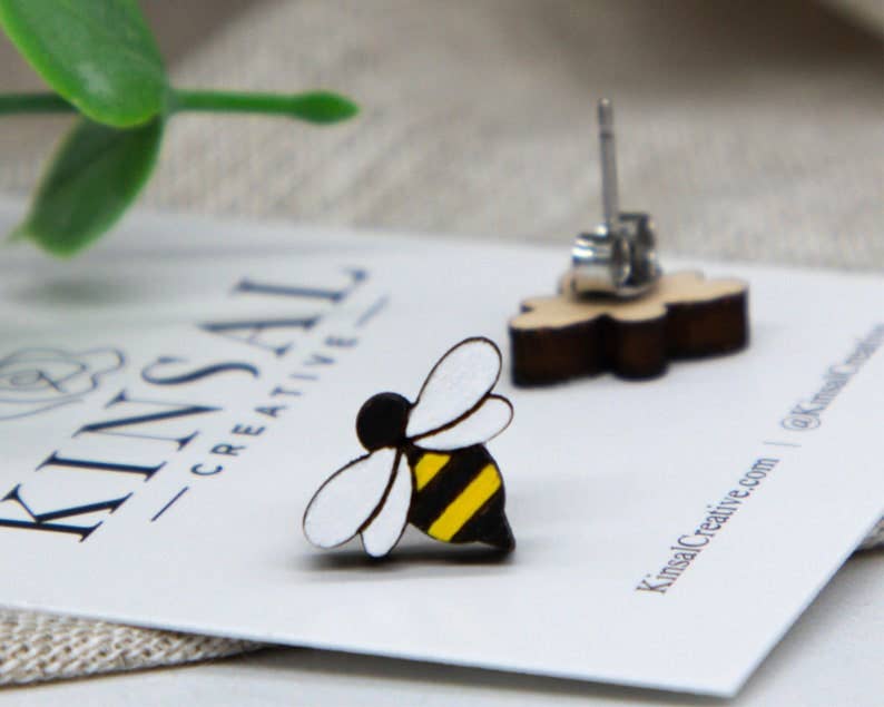 Bee Wood Stud Earrings