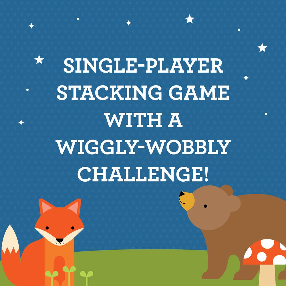 Illustration of a fox and bear on grass under a starry sky with a red mushroom and small plants. Text: Woodland Wobble: A Wildlife Stacking Game—a wiggly-wobbly challenge that helps build fine motor skills!.