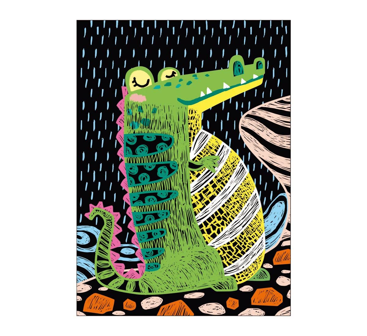 A cheerful, cartoon-style crocodile from the Scratch Art 4 MAGIC ANIMALS set sits on patterned rocks in the rain, resembling a 3D craft with bright details and blue raindrops against a dark background.