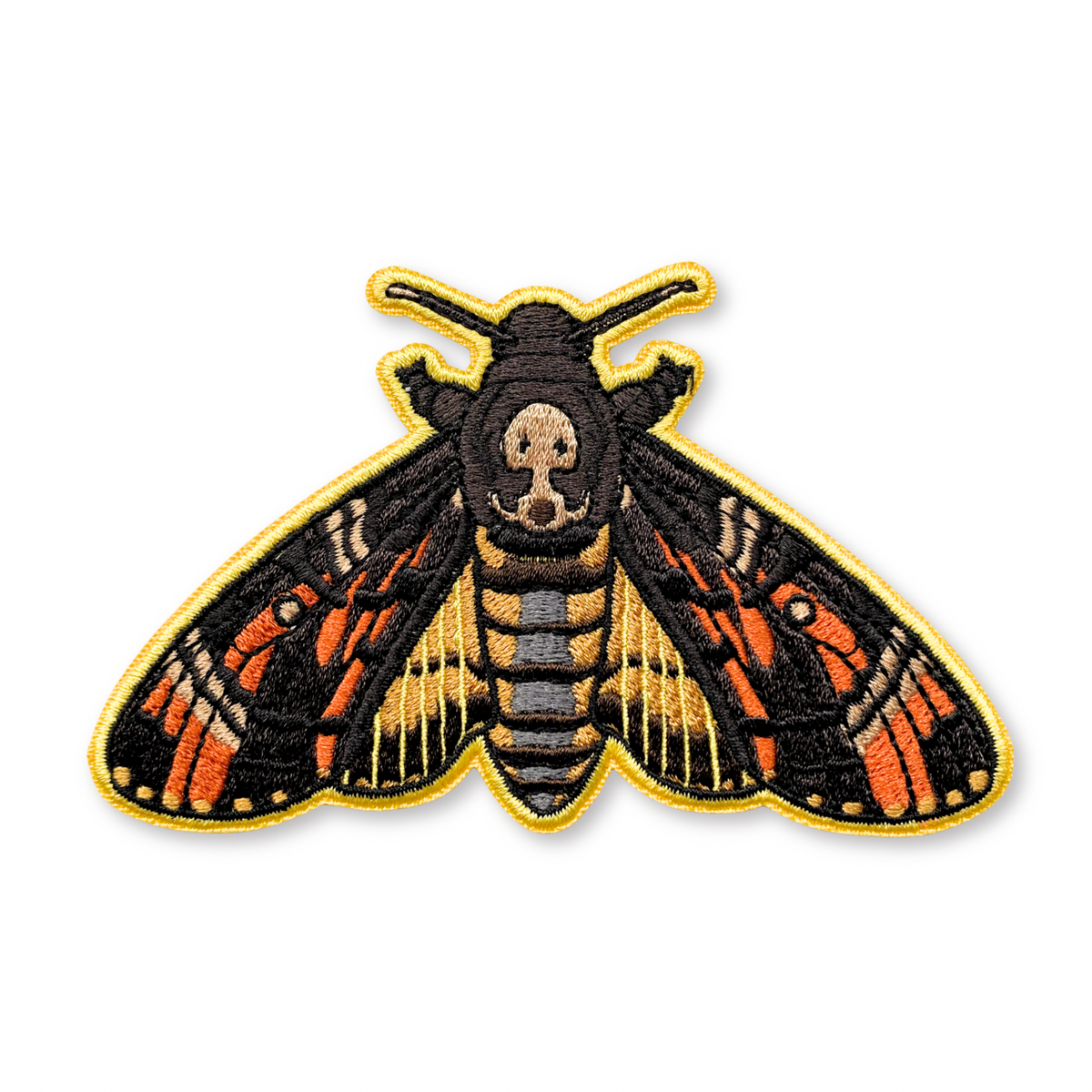 Death’s-Head Hawkmoth Iron-On Embroidered Patch with black, orange, and yellow detailing.