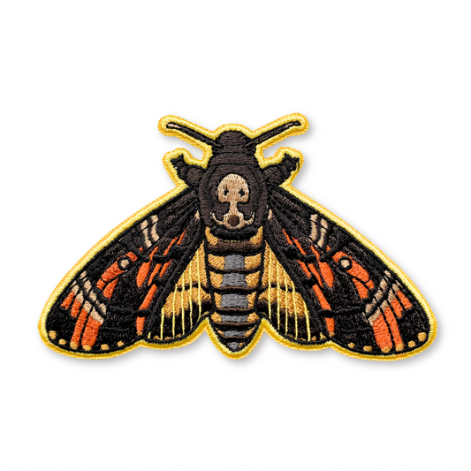 Death’s-Head Hawkmoth Iron-On Embroidered Patch with black, orange, and yellow detailing.