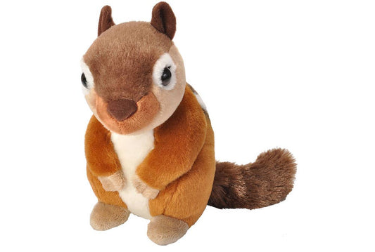 The CK-Mini Chipmunk Stuffed Animal 8" features brown and tan fur, a bushy tail, white belly, and large round eyes, standing upright against a white background—perfect for fans of cute woodland creatures.