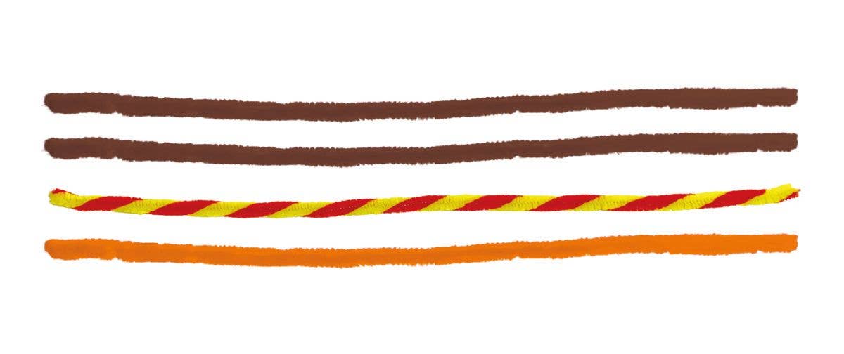 The Scratch Art with Stem SLOTHS set features four pipe cleaners—two solid brown, one orange, and one twisted red-yellow—ideal for 3D animal crafts or creative kids activities.