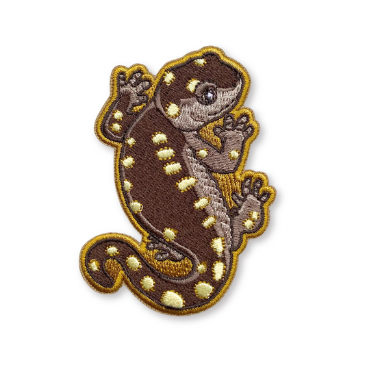 Yellow-Spotted Salamander Iron-On Embroidered Patch shaped like a brown salamander with light yellow spots.