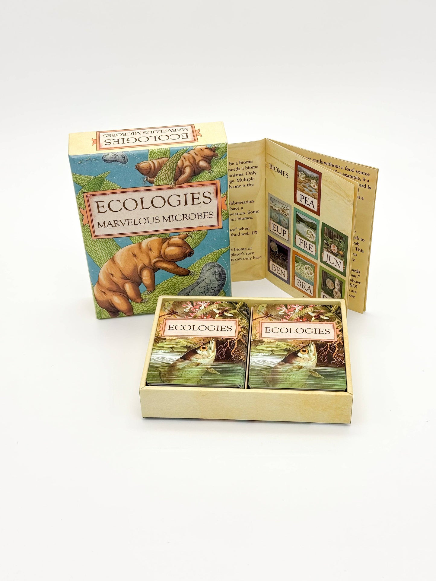 The box and cards of Ecologies: Marvelous Microbes are shown with illustrated packaging featuring microbes, alongside an open rulebook displaying sample card layouts. All components are neatly arranged on a white surface, emphasizing the scientific card game’s focus on microscopic food webs.