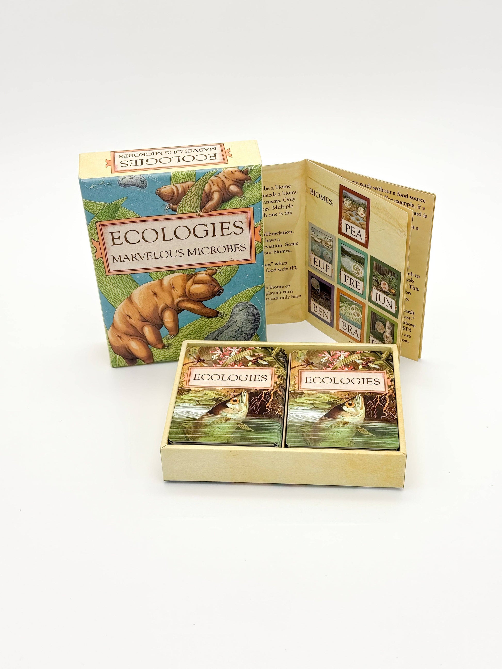 The box and cards of Ecologies: Marvelous Microbes are shown with illustrated packaging featuring microbes, alongside an open rulebook displaying sample card layouts. All components are neatly arranged on a white surface, emphasizing the scientific card game’s focus on microscopic food webs.
