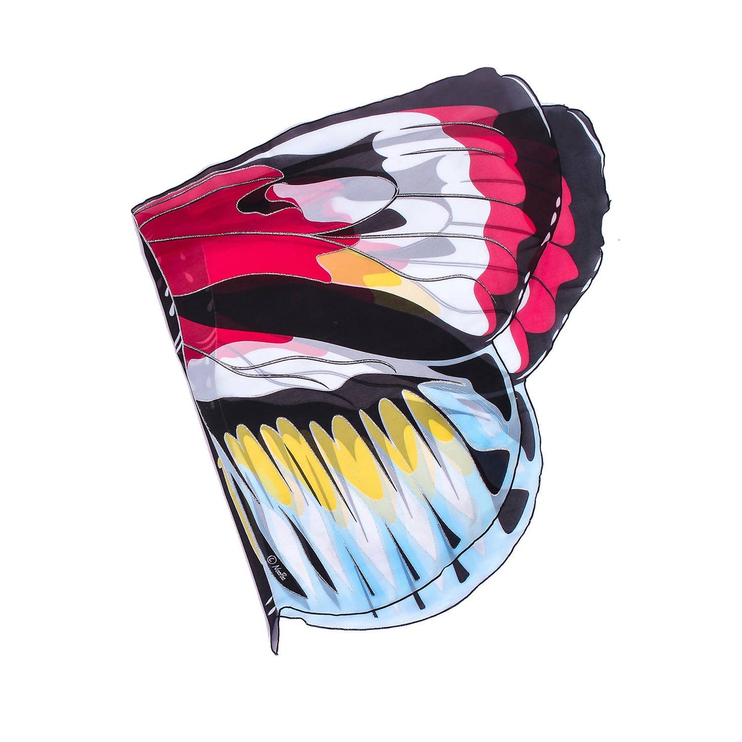 The Natural Butterfly & Moth Wings: Buckeye Bfly feature red, black, white, yellow, and light blue patterns for imaginative dress-up play and are shown against a white background.