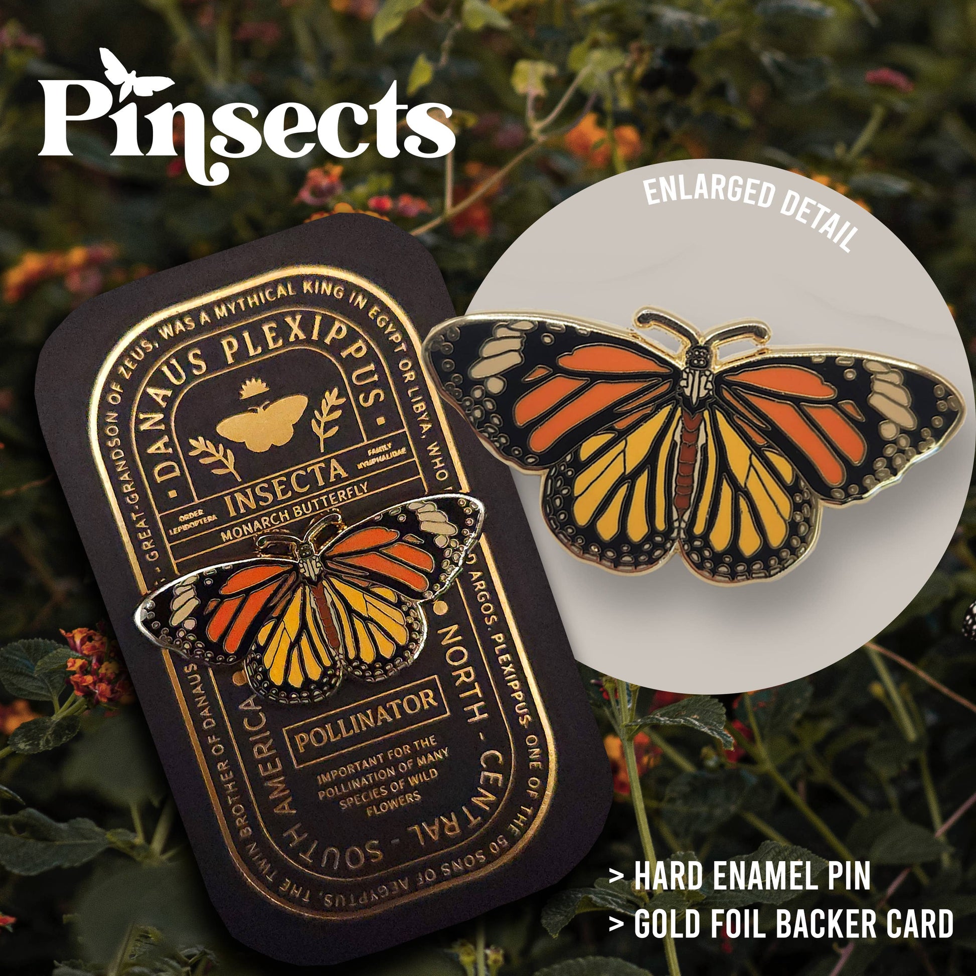 A Monarch Butterfly Educational Insect Enamel Pin is showcased on a gold foil backer card with elegant decorative text. To the right, an enlarged detail of the hard enamel pin is featured. The scene is set against a background of blurred green foliage and red flowers, accentuating the beauty of this exquisite butterfly-themed jewelry piece.