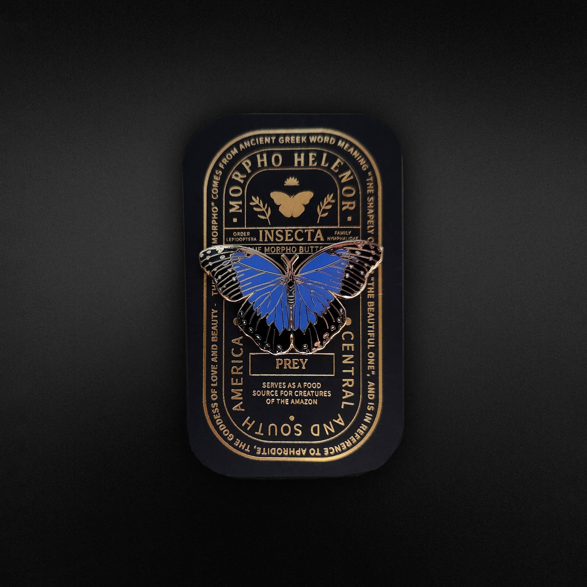 Showcase your appreciation for nature with the Blue Morpho Butterfly Educational Insect Enamel Pin. This elegant black tin display features a striking blue butterfly, gold decorative text, and ornate borders. The highlighted text identifies the Morpho Helenor as a Central and South American species and describes its significance as prey within the food chain. Perfect for collectors and enthusiasts, this beautifully designed pin makes a thoughtful nature gift or unique addition to any butterfly collection.