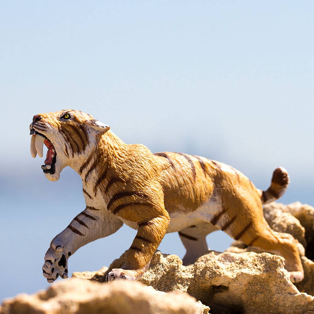 A Smilodon Saber-Toothed Cat Figurine Toy stands with its mouth open on tan rocks against a blurred blue sky background.