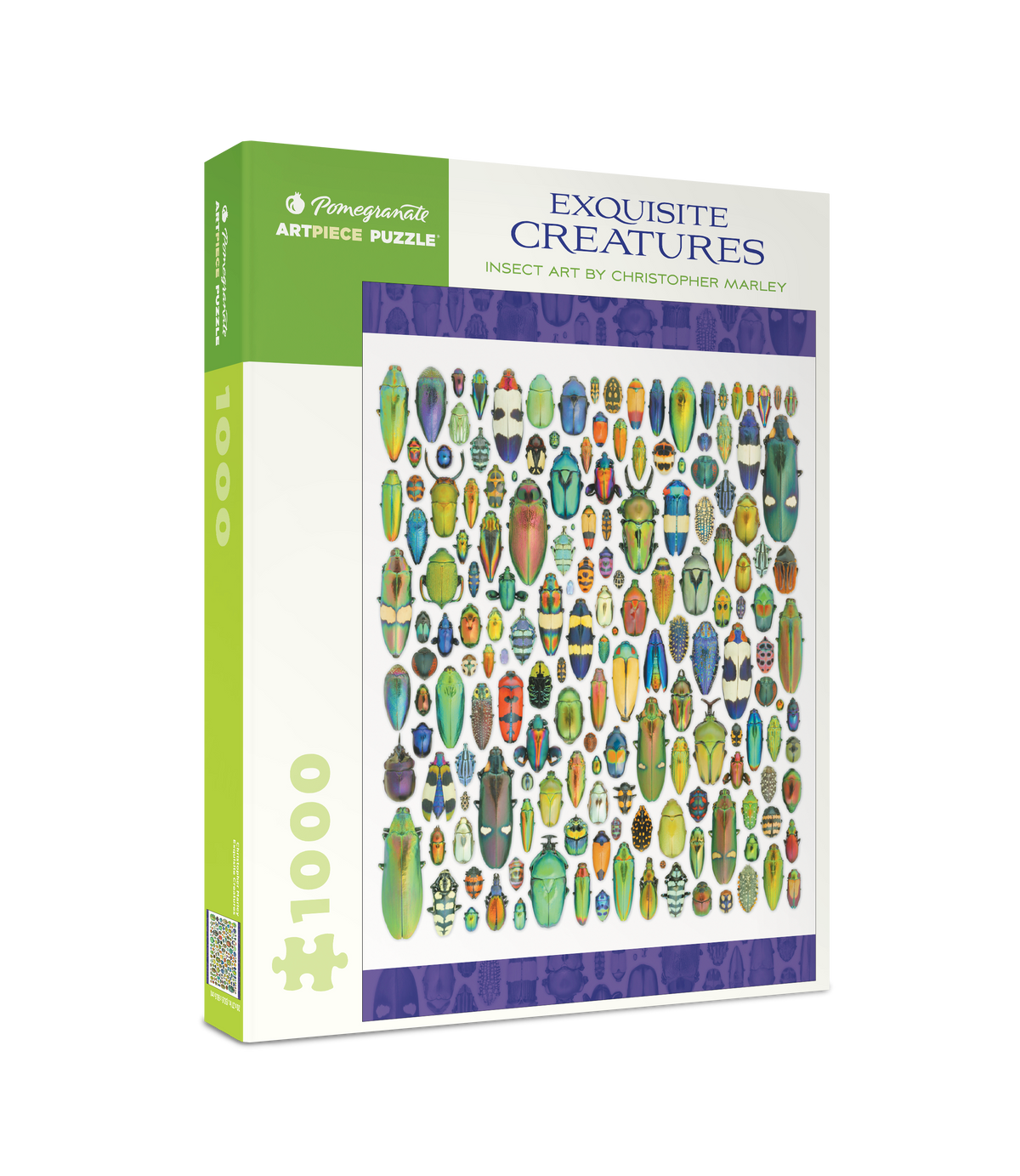 Exquisite Creatures: Christopher Marley 1000pc jigsaw puzzle box featuring a collection of colorful, iridescent beetles arranged in a grid.