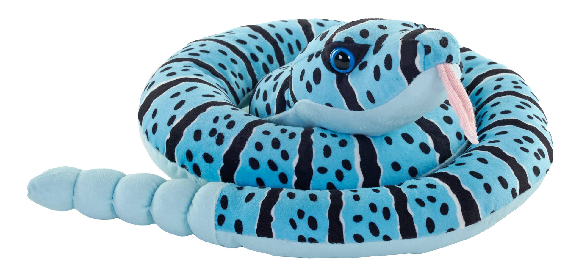 A coiled green plush snake inspired by the Blue Rock Rattlesnake, featuring dark blue stripes and spots, black eyes, and a pink tongue sticking out—perfect as a unique stuffed animal or plush companion. This Green Blue Rock Rattlesnake Stuffed Animal measures 36 inches long.