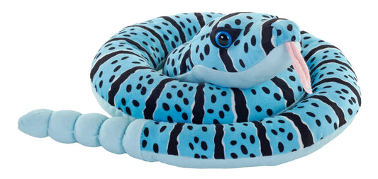 A coiled green plush snake inspired by the Blue Rock Rattlesnake, featuring dark blue stripes and spots, black eyes, and a pink tongue sticking out—perfect as a unique stuffed animal or plush companion. This Green Blue Rock Rattlesnake Stuffed Animal measures 36 inches long.