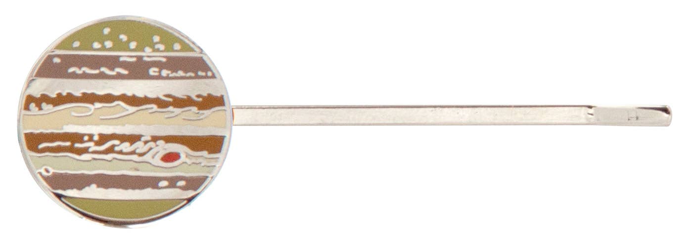 Planet Hair Pins: A silver hairpin with a round end featuring Jupiter’s swirling bands and Great Red Spot—a unique accessory for astronomy lovers and fans of solar system-inspired hair pins.