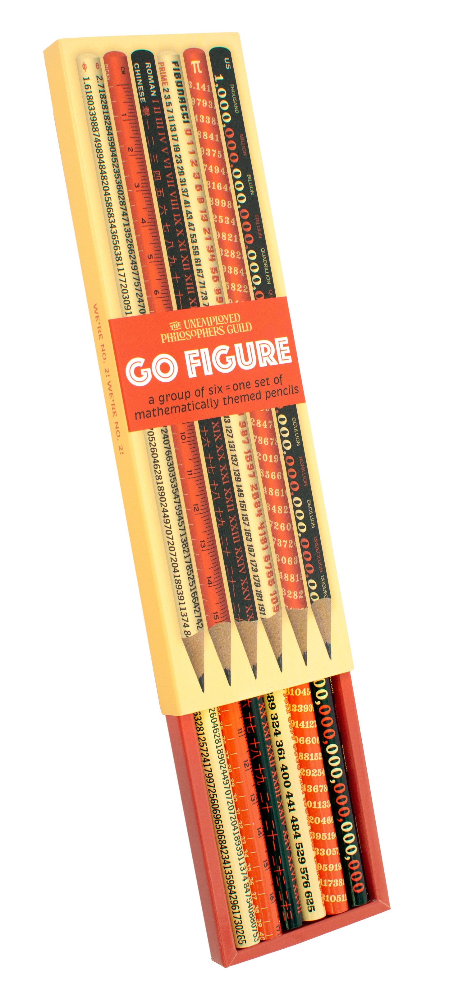 The Math (Go Figure) Pencil Set includes seven colorful pencils, each printed with equations, numbers, and references to Number Systems and Sequences along the sides.