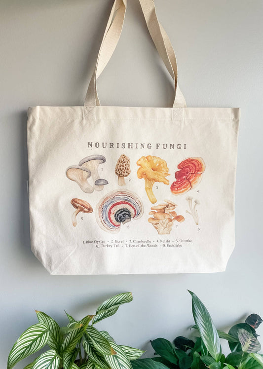 The Mushroom Large Organic Cotton Tote Bag features colorful watercolor mushrooms and the phrase "Nourishing Fungi" on beige cotton. Green leafy plants accent the eco-friendly design of this spacious mushroom canvas bag.