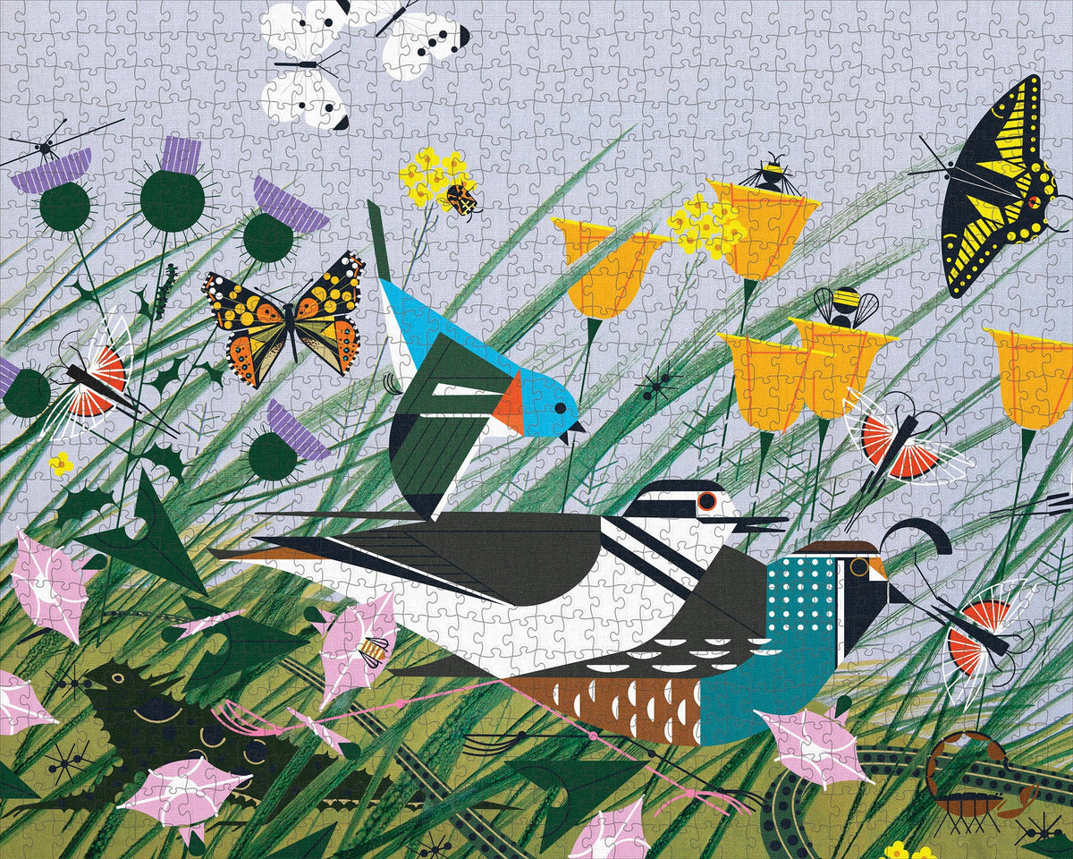 A Charley Harper: Once There Was a Field 1000pc jigsaw puzzle featuring a stylized illustration of two killdeer birds in a field with butterflies, bees, and wildflowers.