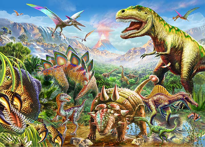 The Dinosaur World Jigsaw Puzzle features a vibrant, detailed scene of dinosaurs and flying reptiles with erupting volcanoes and lush prehistoric plants—ideal for adults seeking a challenging 1000-piece puzzle.