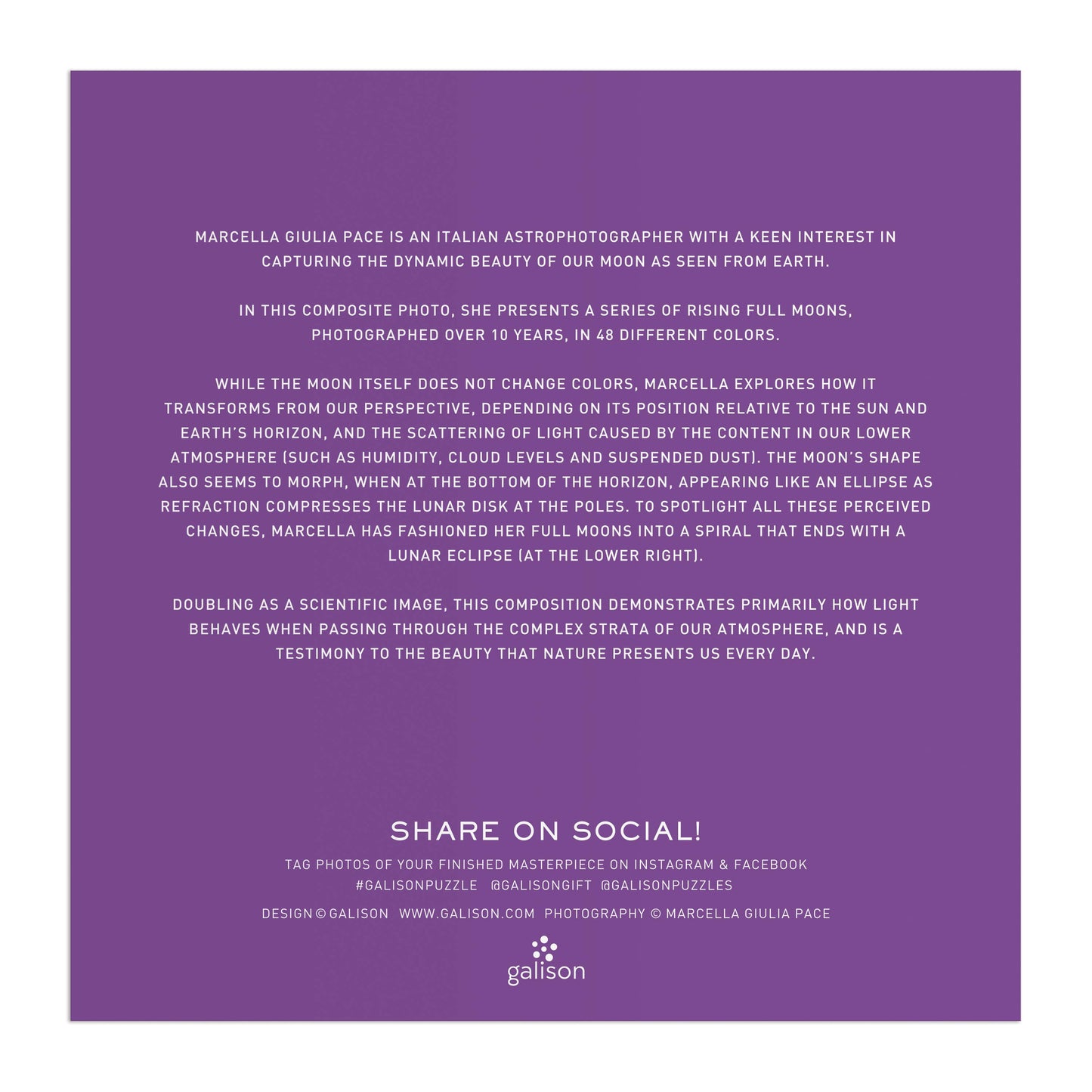 An info card on a purple background highlights astrophotographer Marcella Giulia Pace’s "Colors of the Moon"—48 moon hues captured over 10 years—now featured in the Colors of the Moon 500 Piece Puzzle. Please share on social media!.