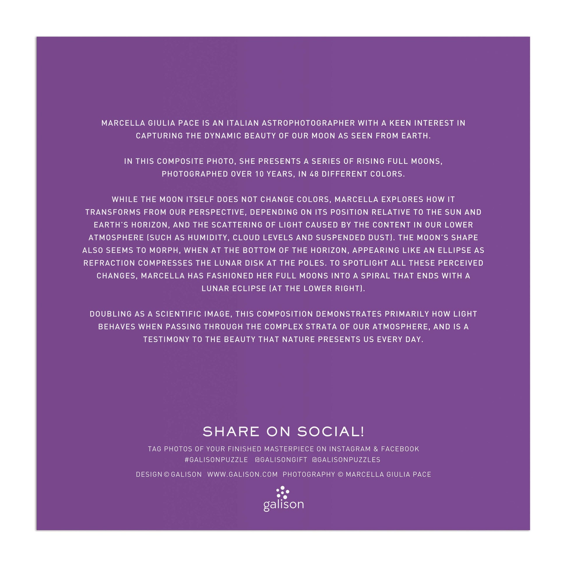 An info card on a purple background highlights astrophotographer Marcella Giulia Pace’s "Colors of the Moon"—48 moon hues captured over 10 years—now featured in the Colors of the Moon 500 Piece Puzzle. Please share on social media!.