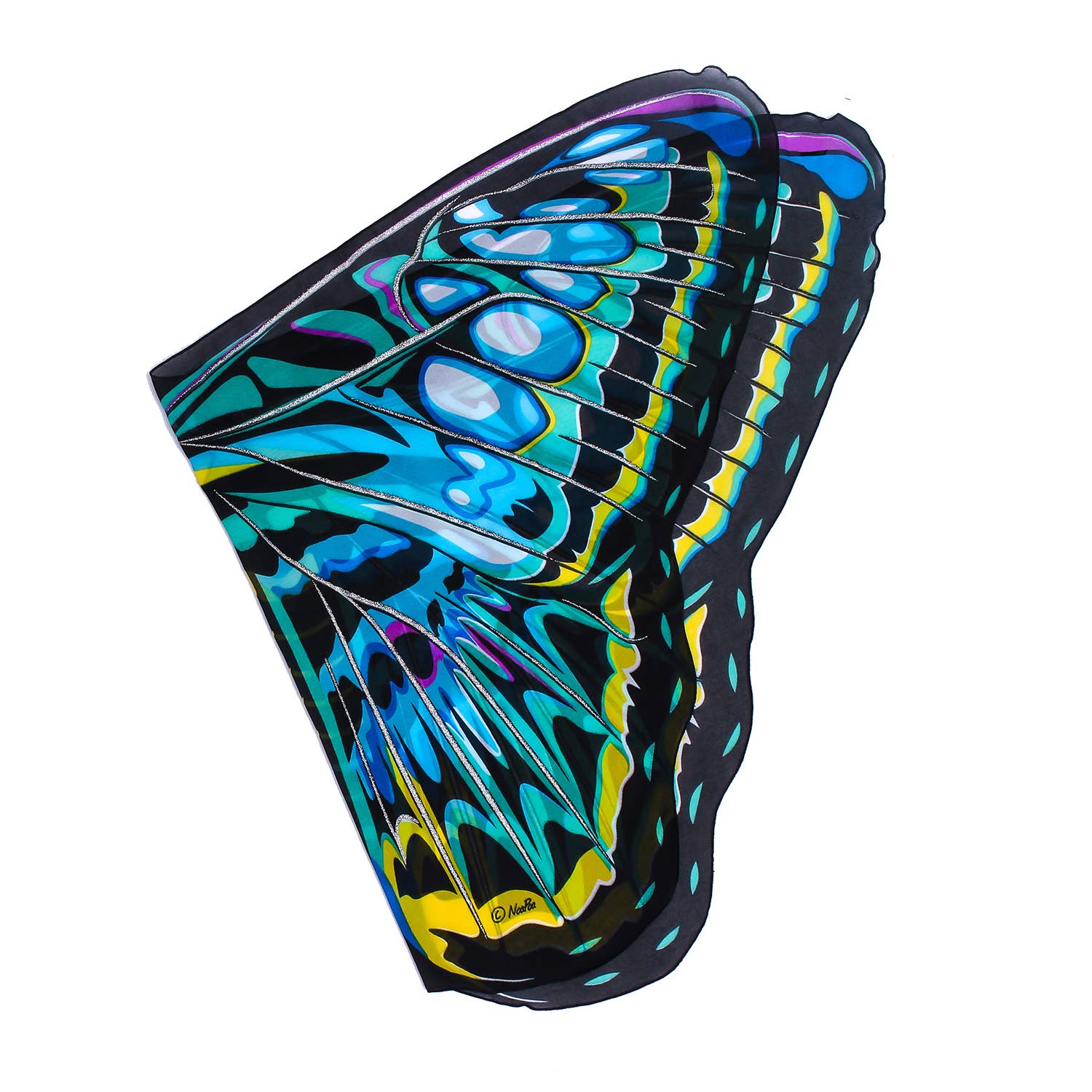 The Natural Butterfly & Moth Wings: Monarch Blfy feature vibrant shades of blue, teal, yellow, black, and purple on fabric with bold lines and spots—ideal for dress-up or imaginative play. Wings are shown folded on a white background.