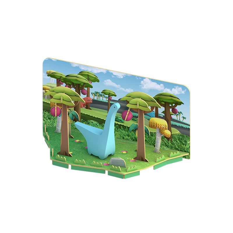 3D illustration of a playful, cartoon-style DIPLO in a vibrant prehistoric forest with stylized trees, grass, and blue sky, set on a curved display platform—perfect for any dino world enthusiast.