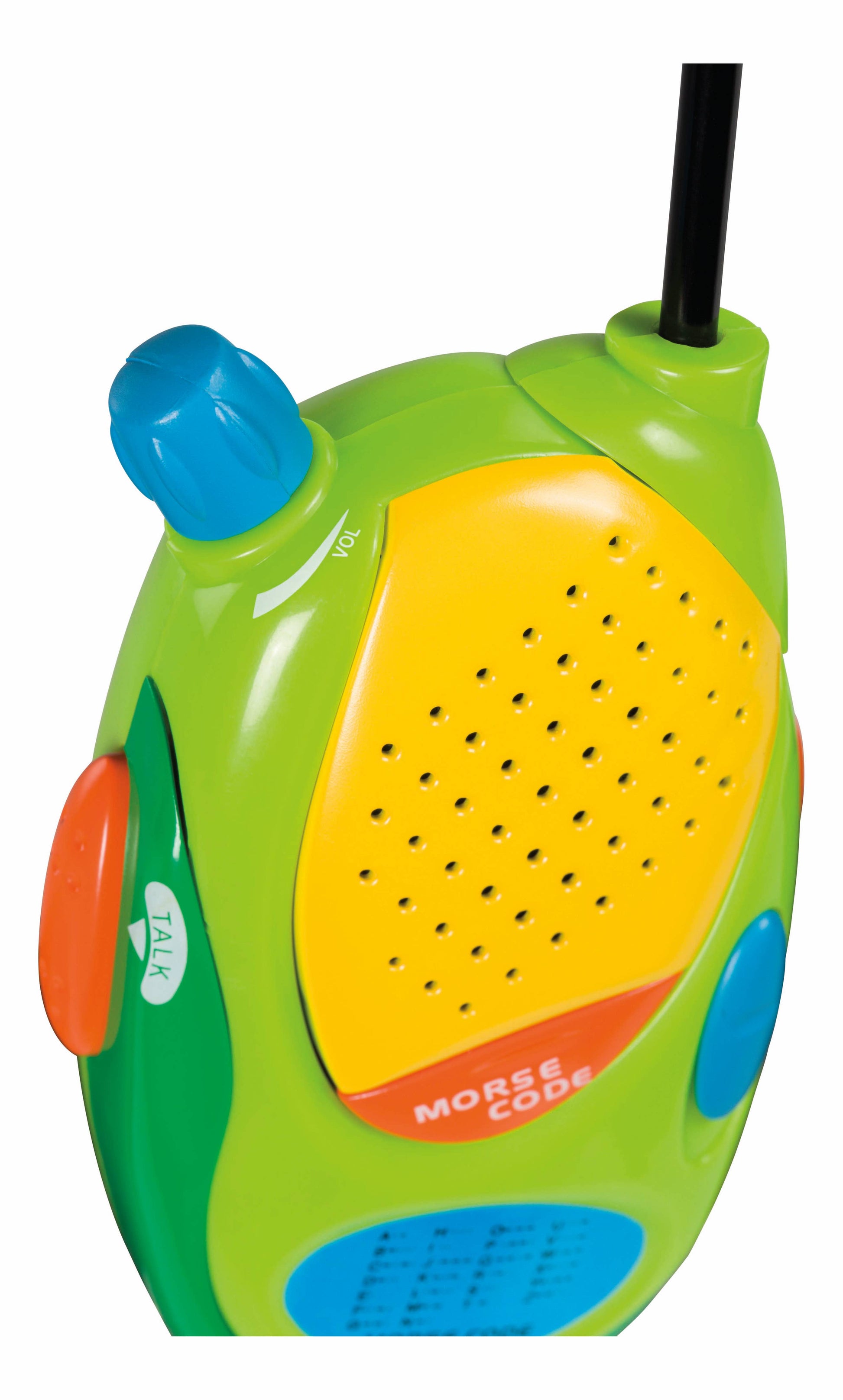 The Outdoor Discovery Walkie Talkies feature a green body, blue volume knob, yellow speaker, orange Morse Code button, and various buttons for talk functions—perfect for colorful outdoor play.