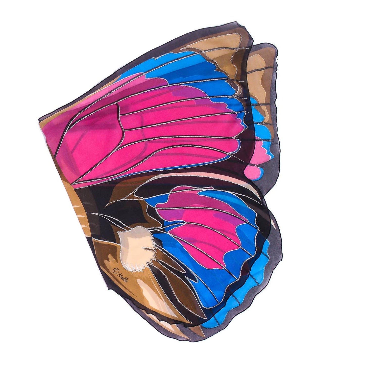 The Natural Butterfly & Moth Wings: Monarch Blfy scarf features bold pink, blue, brown, and black patterns with delicate lines—perfect for imaginative play or adding vibrant color to any outfit.