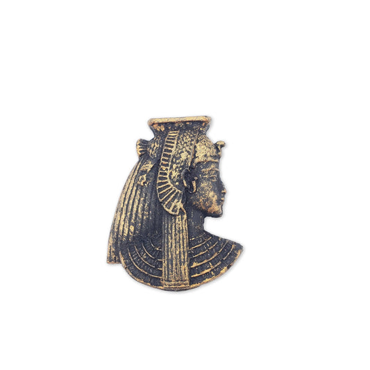 Bronze-colored relief of a woman in ancient Egyptian attire, adorned with a headdress and intricate necklace, facing right against a white background. The Cleopatra Magnet Bronze- 2.25″ makes an eye-catching Egyptian souvenir with its elegant bronze finish.