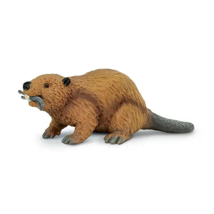 The Beaver Figure is a brown figurine featuring a flat gray tail, small ears, prominent front teeth, and intricately detailed fur texture, displayed on a white background.