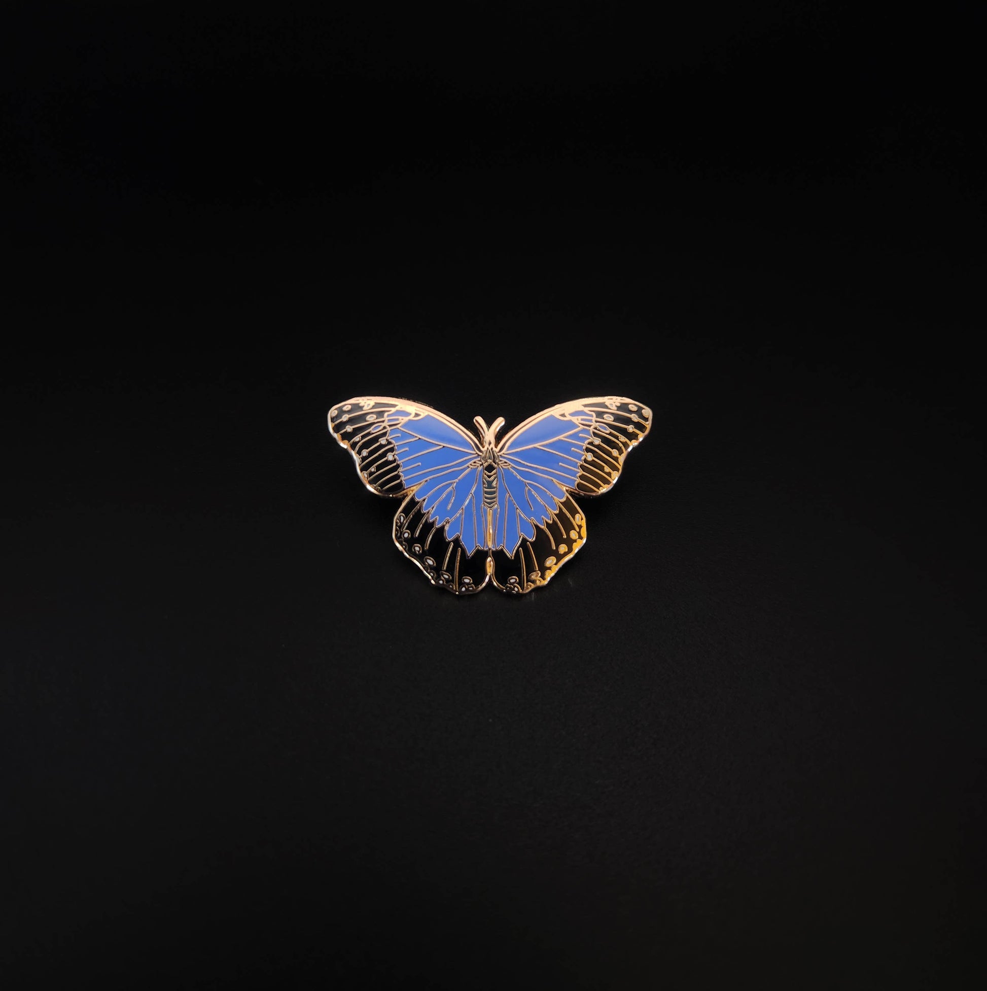 The Blue Morpho Butterfly Educational Insect Enamel Pin, featuring a gold-rimmed design, is centered on a solid black background, making it a striking nature gift for any butterfly lover.
