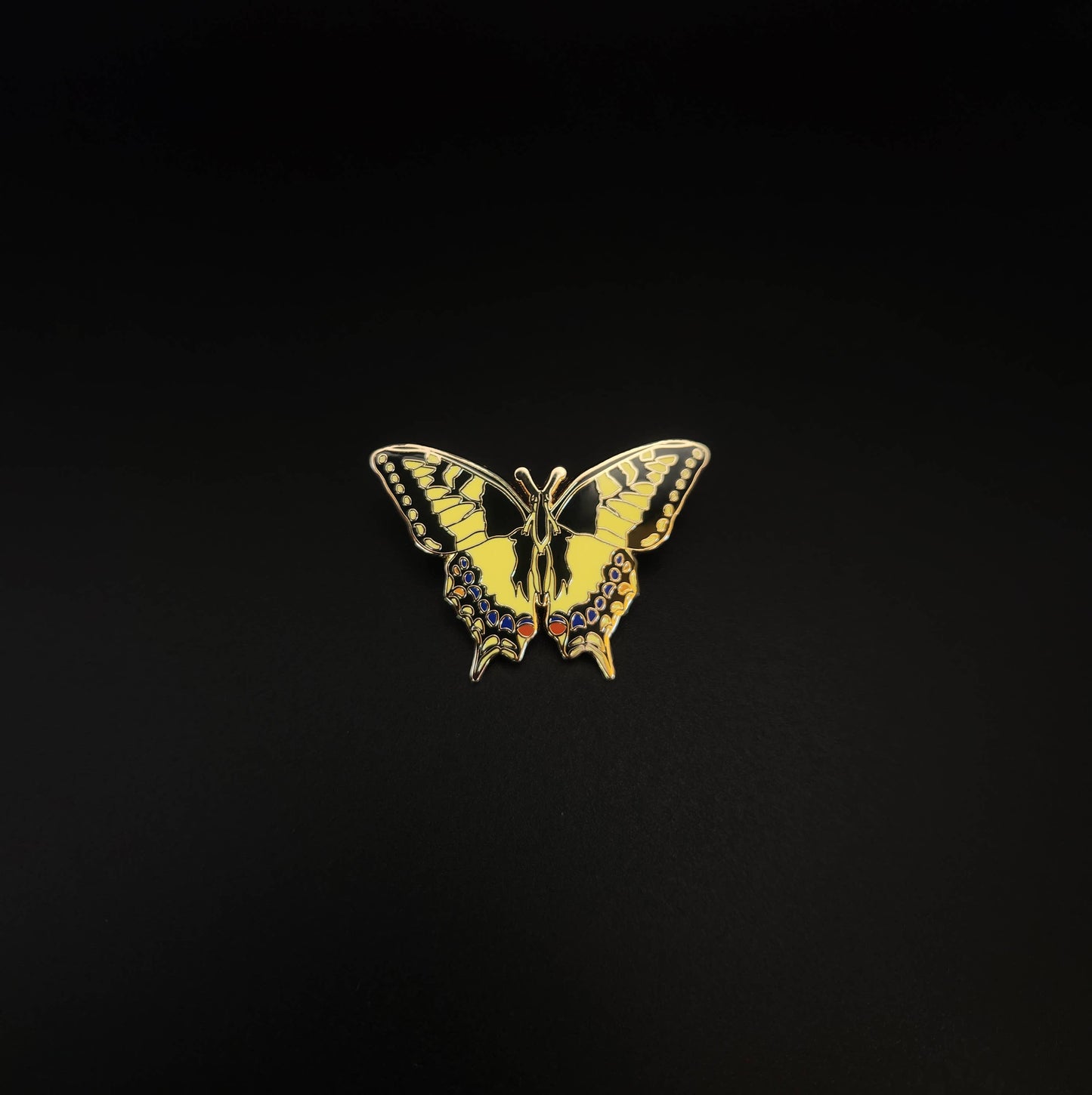 The Swallowtail Butterfly Educational Insect Enamel Pin features striking yellow and black colors with blue and red accents, beautifully displayed on a solid black background—making it the perfect butterfly gift for any nature lover.