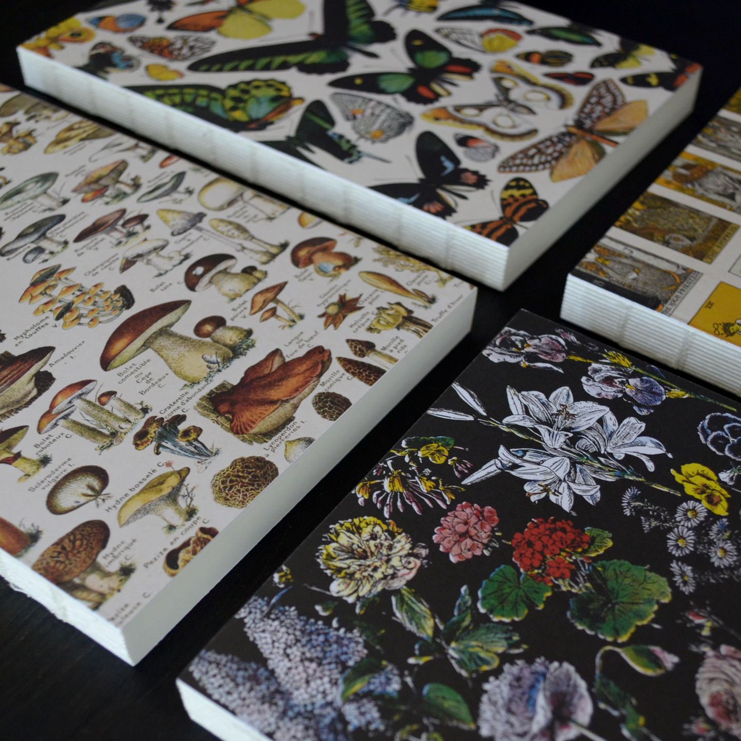 The Vintage Botanical Flower Garden Exposed Binding Notebook includes four stacks of paper with vintage-style butterflies, mushrooms, wildflowers on black, and assorted botanical and insect illustrations—ideal for journaling. Edges are neatly aligned.