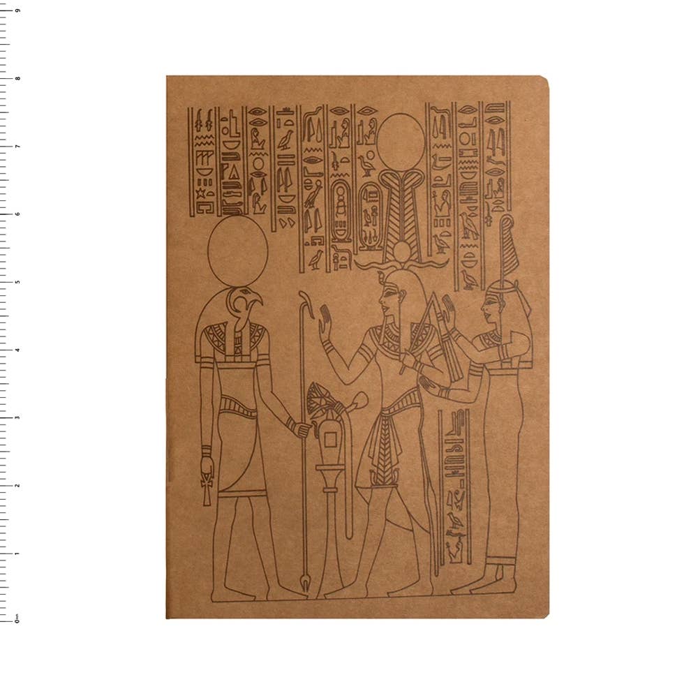 The Sketch Book Egyptian Horus & Maat - 6" x 8" features a brown cover with black line art of deities Horus and Maat, hieroglyphics above them, and traditional Egyptian attire—a tribute to artisan craftsmanship.