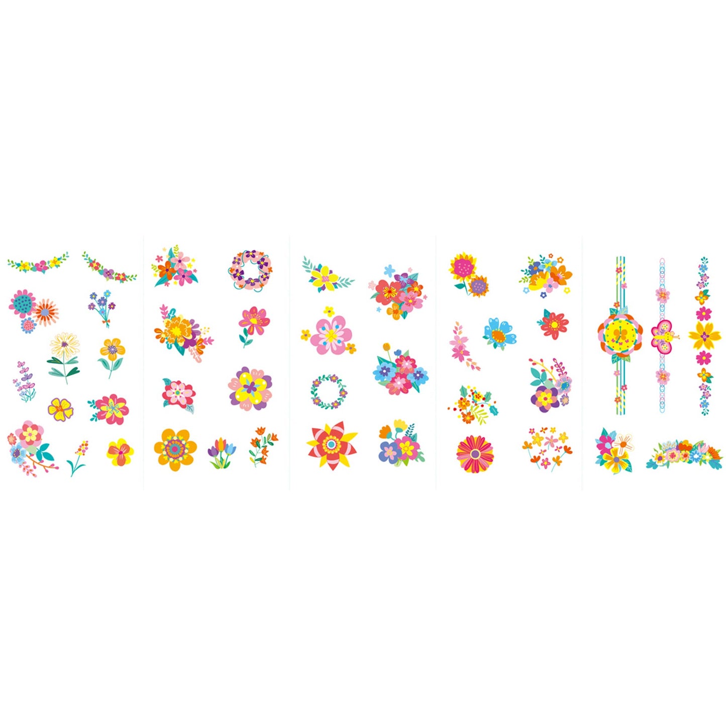 The Nail Stickers And Tattoos FLOWER sheet features bright floral designs in pink, yellow, blue, and orange bouquets across five vertical sections on a white background—perfect for creating colorful nail art.