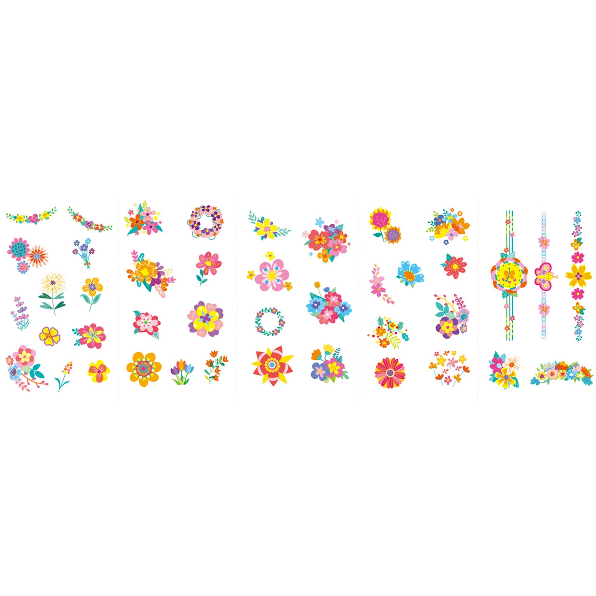 The Nail Stickers And Tattoos FLOWER sheet features bright floral designs in pink, yellow, blue, and orange bouquets across five vertical sections on a white background—perfect for creating colorful nail art.