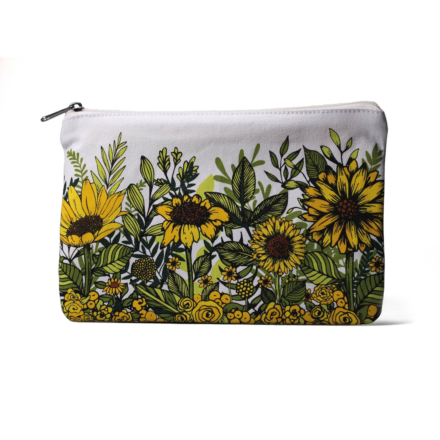 White cotton Natasha Kirby pouch with a sunflower design.
