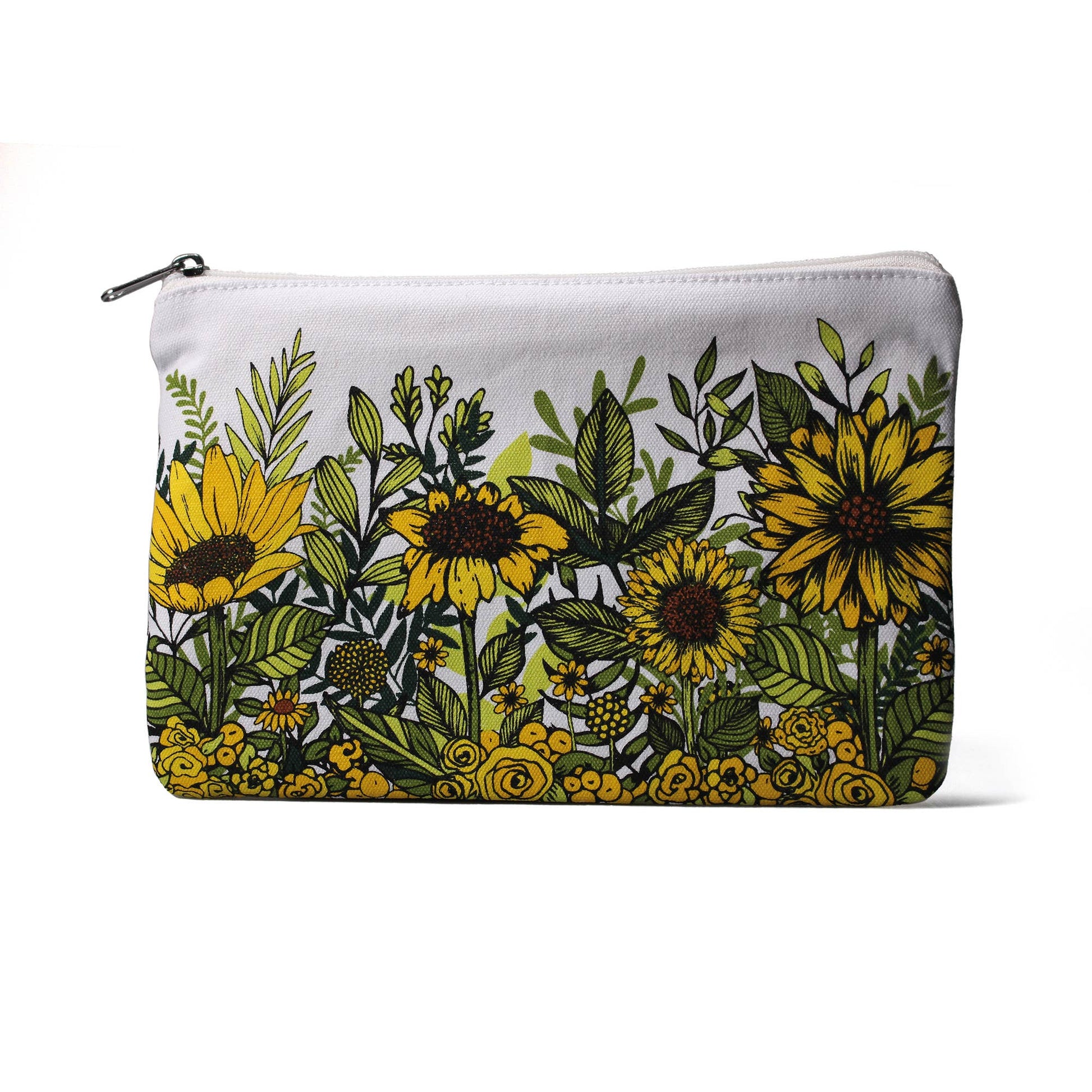 White cotton Natasha Kirby pouch with a sunflower design.