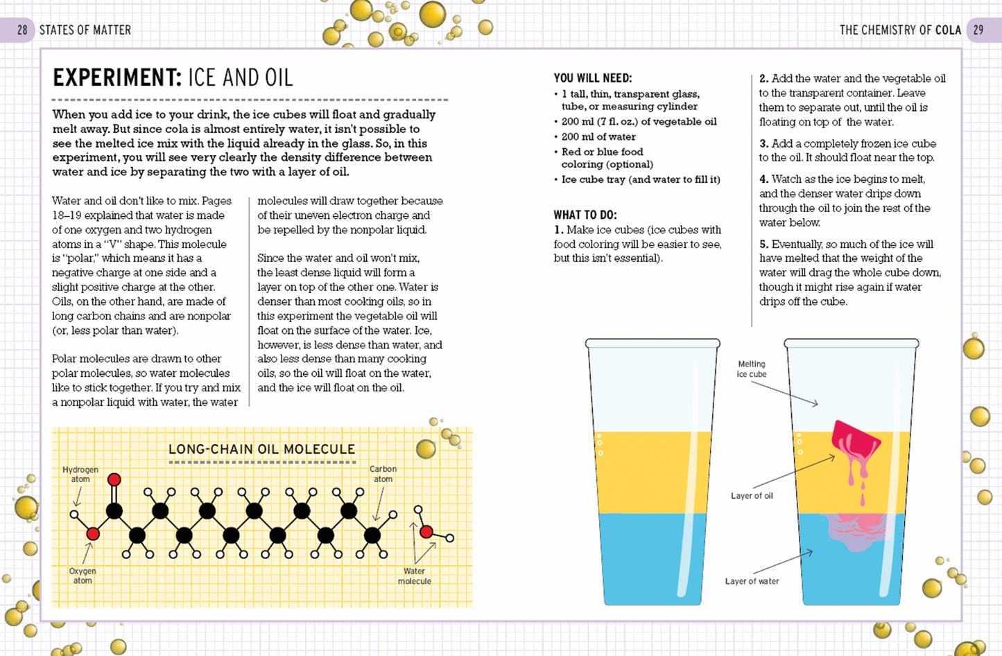 The Curious World of Kitchen Science: The Chemistry of Cola features illustrated instructions and diagrams for mixing ice, oil, and water in a glass, showing layers, a long-chain oil molecule, and fun science in a text- and bubble-filled background.