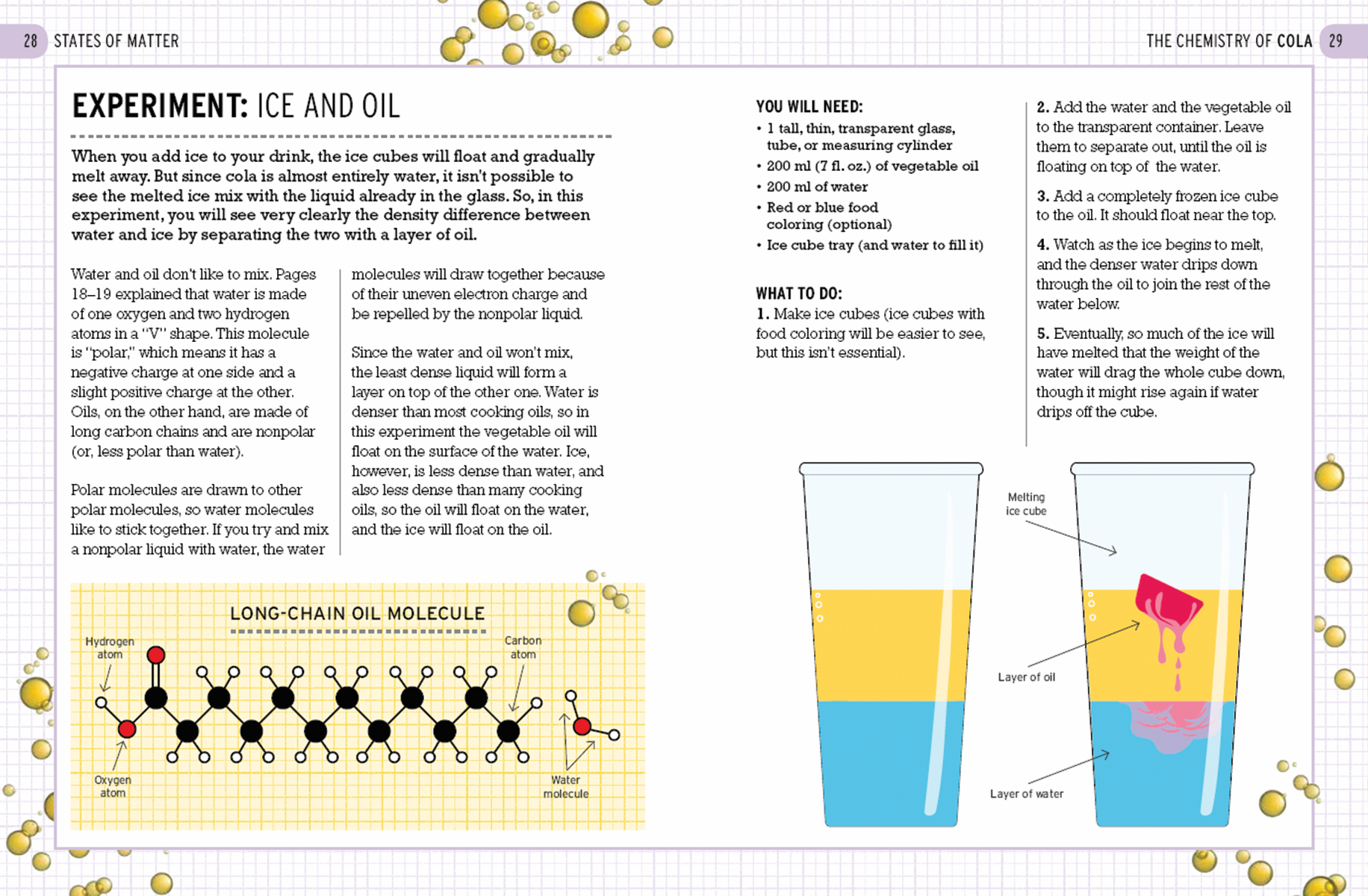 The Curious World of Kitchen Science: The Chemistry of Cola features illustrated instructions and diagrams for mixing ice, oil, and water in a glass, showing layers, a long-chain oil molecule, and fun science in a text- and bubble-filled background.
