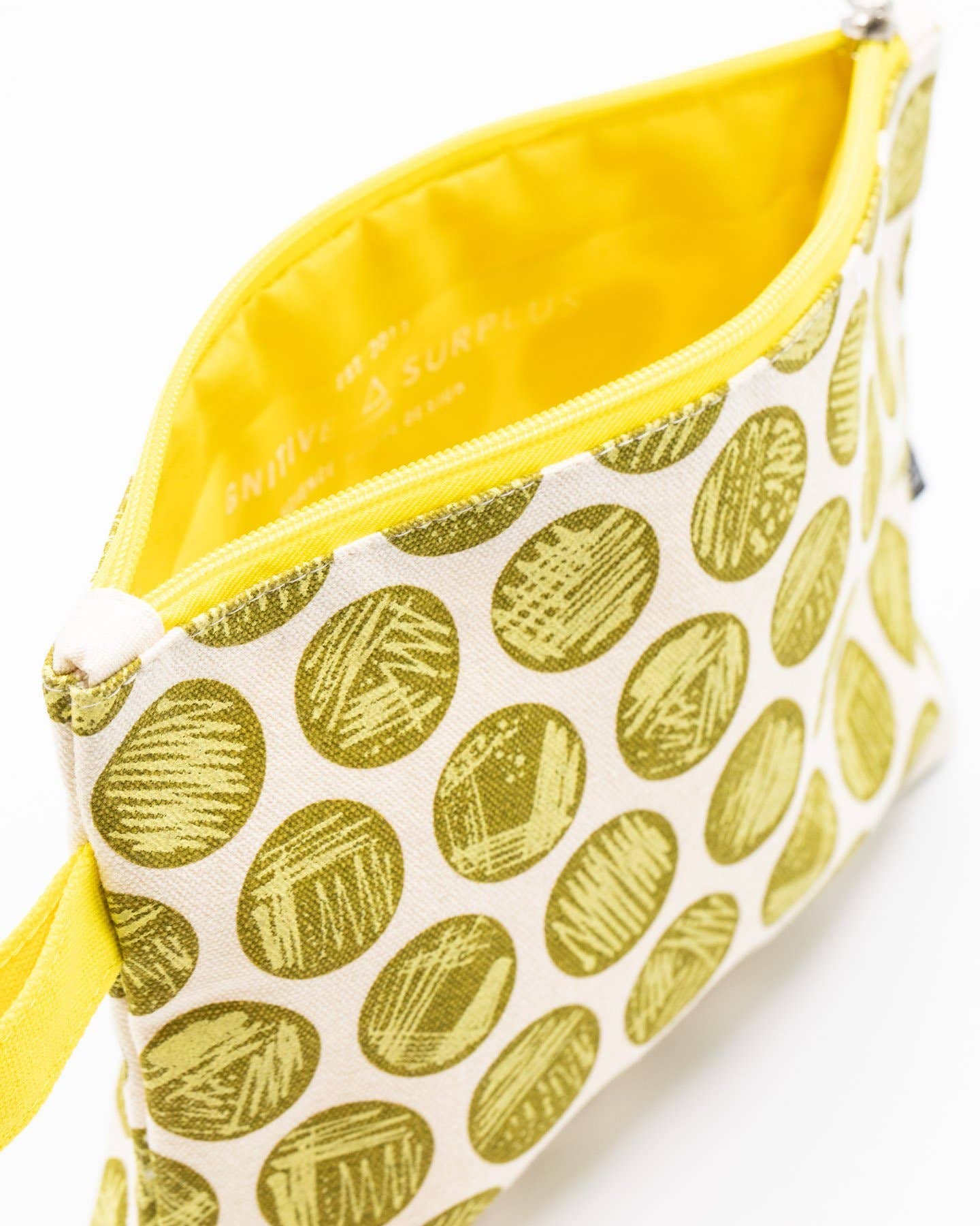 The Petri Dish Streaking Pencil Bag features a yellow zipper and handle, greenish-yellow textured circles on cream, and a bright yellow interior with printed text—a unique microbiology gift for science fans.