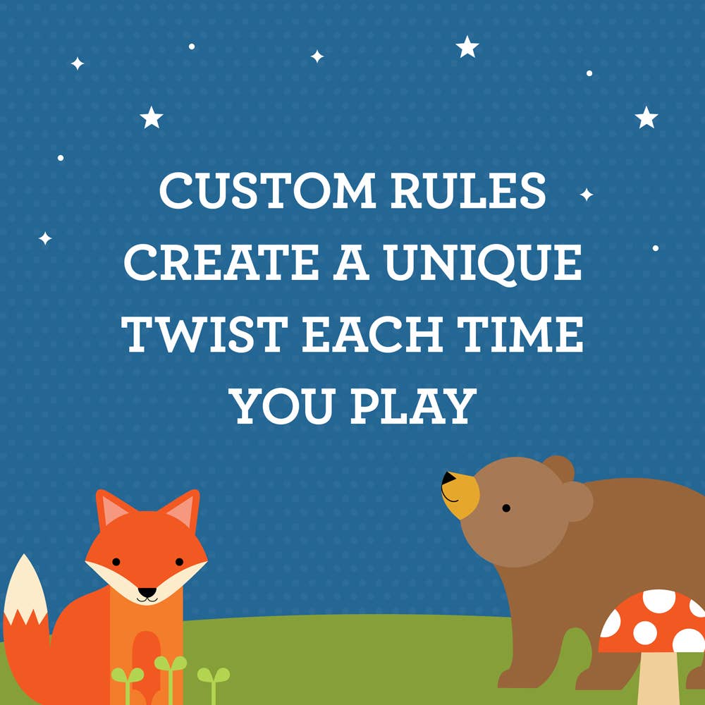 Illustration of a fox and a bear on grass beneath a starry sky. Center text reads: Custom rules bring a unique twist to Woodland Wobble: A Wildlife Stacking Game every time you play.