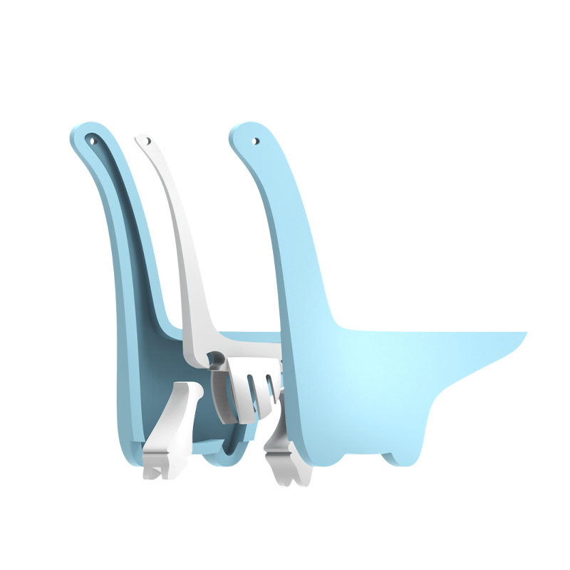 Two modern, minimalist chairs shaped like dinosaurs—one light blue and one white—sit side by side, capturing the playful charm of a DIPLO chair and adding dino-inspired whimsy to the plain white background.