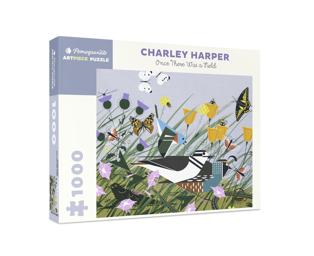 Charley Harper: Once There Was a Field 1000pc jigsaw puzzle featuring a stylized illustration of birds and butterflies in a field of wildflowers.
