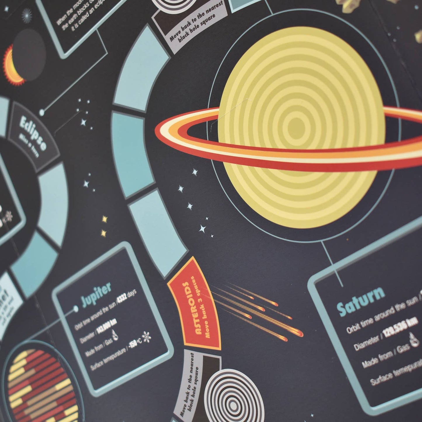 Create Your Own Solar System is a colorful infographic wall chart featuring illustrated planets like Saturn and Jupiter, info boxes, asteroid graphics, orbit paths, and fun space facts—all on a striking black background.
