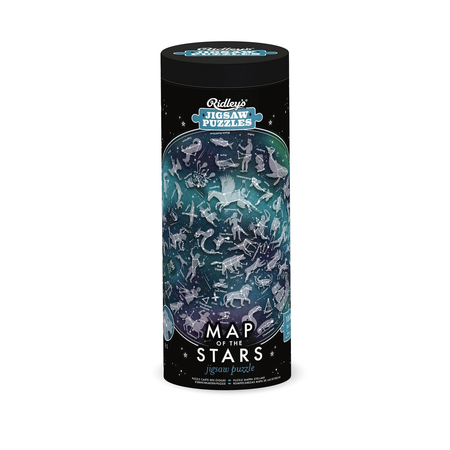 The Map of the Stars 1000 Piece Jigsaw Puzzle comes in a cylindrical box decorated with constellations and animals against a starry sky, perfect for adults who love astronomy.