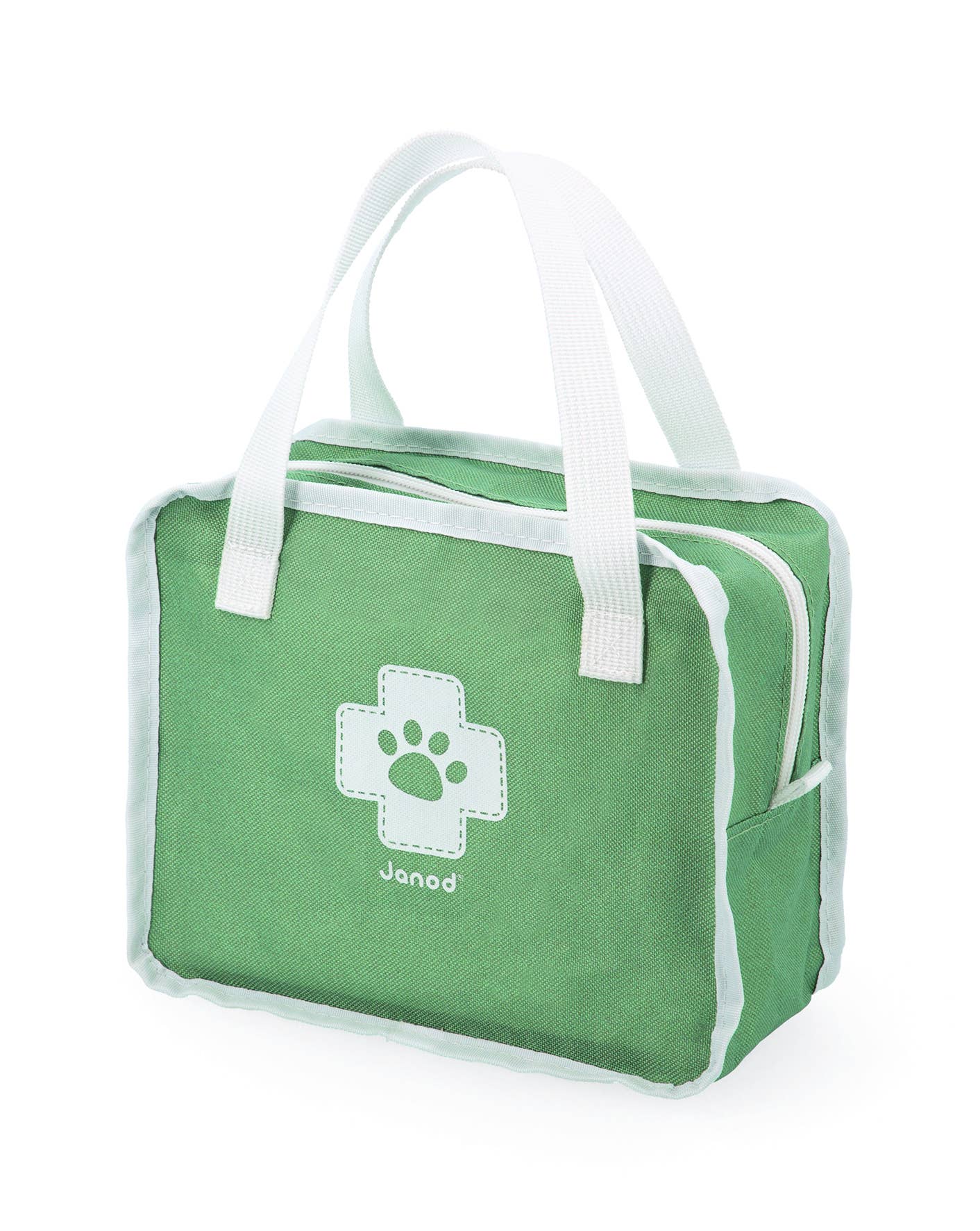 This Pretend Play Occupational Toy Vet Set includes 15 accessories in a small green fabric bag with white handles, featuring a medical cross and paw print—perfect for imaginative vet play.