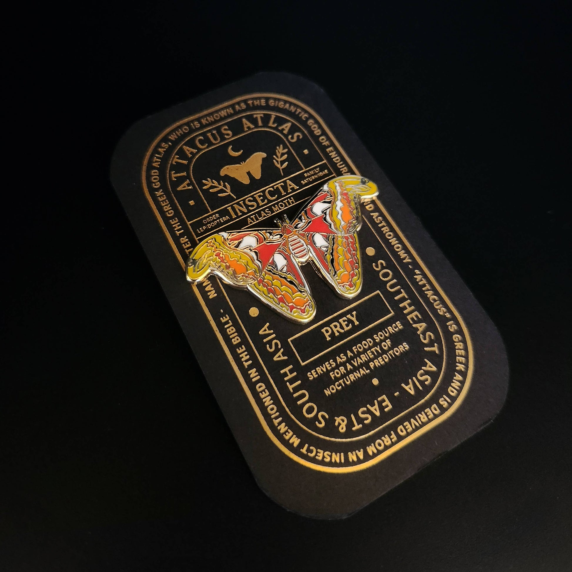 The Atlas Moth Educational Insect Enamel Pin is a decorative black card display featuring a detailed illustration of the world’s largest moth, native to Southeast Asia, with gold-embossed text describing its status as prey—a perfect nature gift or unique addition to any insect pin collection.